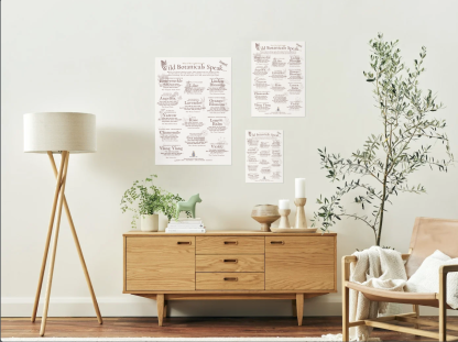 Three different sizes of the Wild Botanicals Speak art print (A1, A2, A3) unframed and displayed in a natural home setting.
