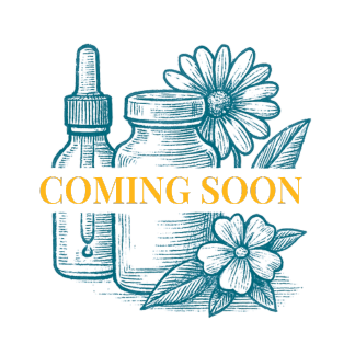 teal-toned illustration of natural skincare jars and flowers with the words “Coming Soon.”
